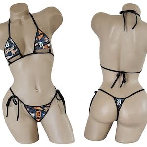 Detroit Tigers Bikini TEENY String Thong Bikini With Adjustable Underboob Cut Out Top ONE