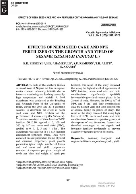 PDF EFFECTS OF NEEM SEED CAKE AND NPK FERTILIZER ON THE GROWTH AND