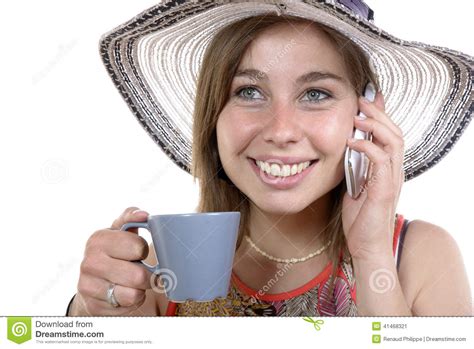 Pretty Woman On The Phone And Drinking Tea Stock Image Image Of