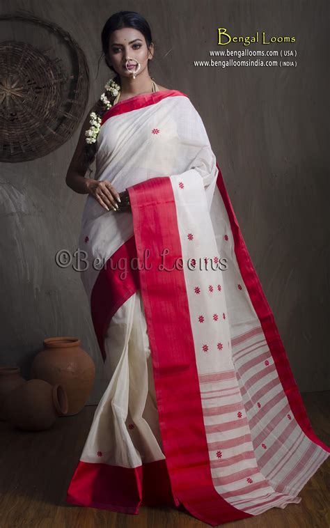 Bengal Handloom Cotton Saree In White And Red Cotton Saree Designs