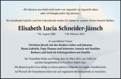 Traueranzeigen von Elisabeth Lucia Schneider Jänsch Märkische