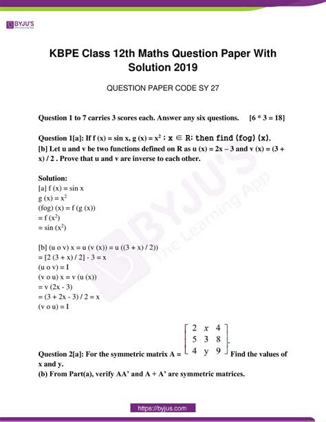 Kerala Plus Two Maths Previous Question Papers And Answers Pdf