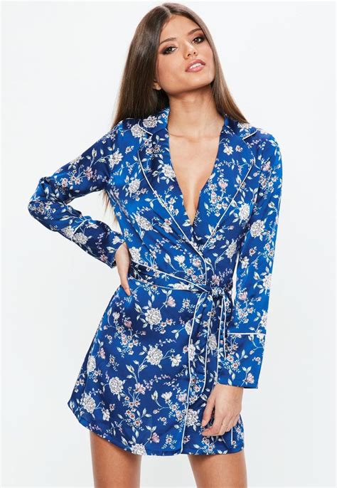 Missguided Blue Satin Floral Belted Wrap V Neck Shift Dress Women