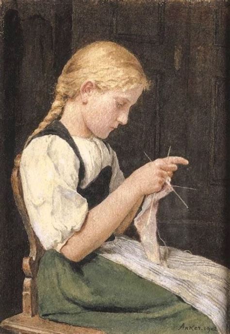 Knitting Girl Painting Albert Anker Oil Paintings