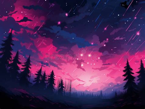 An Illustration of a Forest at Night with Stars Stock Illustration - Illustration of environment ...