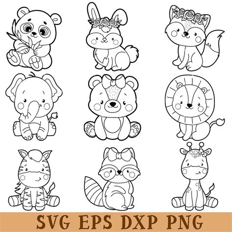 Safari Cute Animal SVG, Animal Outline Svg, Lion Hippo Zebra Monkey ...