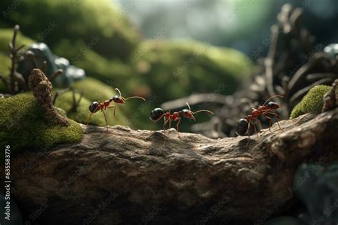 Collaborative Cartoon Ants Pushing Stone Uphill Generative Ai Stock