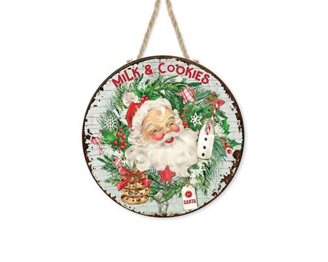 Santa Milk and Cookies Christmas Round Printed Handmade Wood Sign Farmhouse Door Hanger Wreath ...