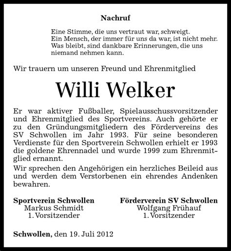 Traueranzeigen Von Willi Welker Rz Trauer De