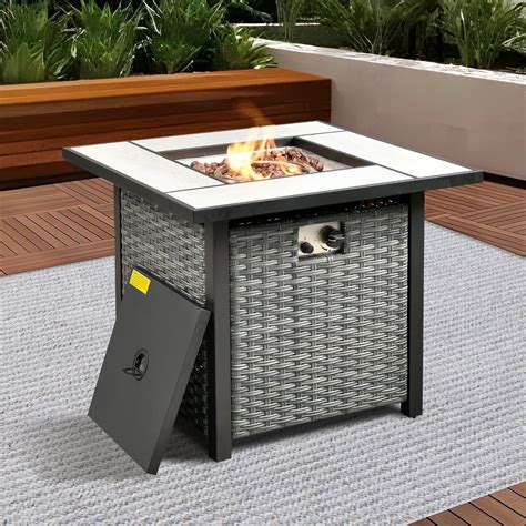 Ovios 30 Wicker Propane Fire Pit Table Rectangular Gas Firepit With Lid Lava Rocks