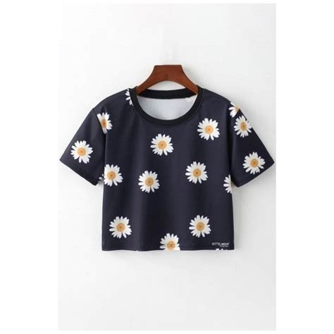 Summer Fashion Floral Daisy Print Round Neck Short Sleeves Cropped Tee 21 Liked On Polyvore