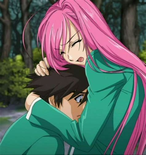 Anime characters hugging in a scenic setting