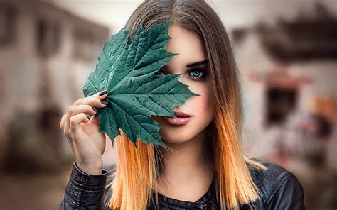 Women Leaves Blonde Face Blue Eyes Depth Of Field Portrait