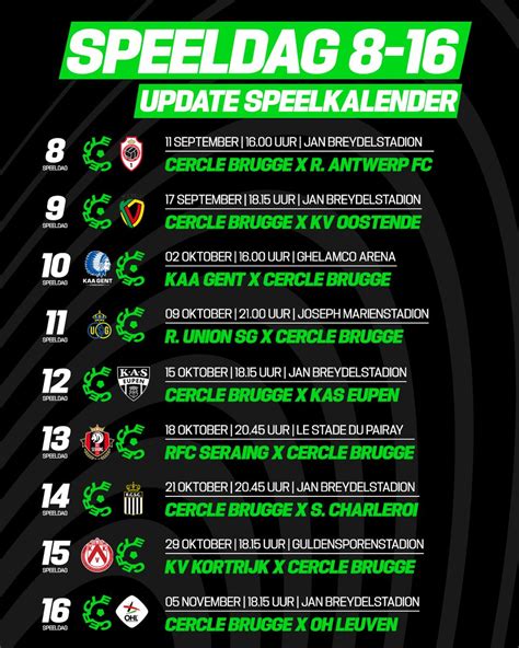 Cercle Brugge on Twitter 𝗨𝗽𝗱𝗮𝘁𝗲 𝗞𝗮𝗹𝗲𝗻𝗱𝗲𝗿 speeldagen 8 t e m 16