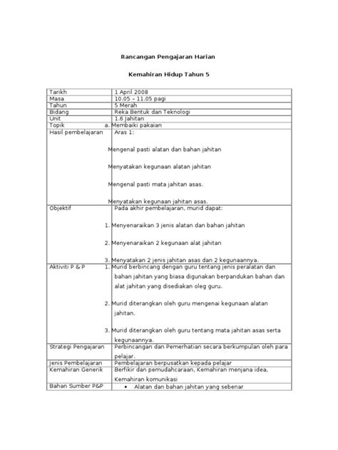 Pdf Rancangan Pengajaran Harian Kh Dokumentips