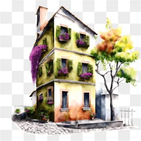 Descarga Pintura Acuarela De Una Casa Antigua Con Ventanas Coloridas Y Flores Pngs En Línea