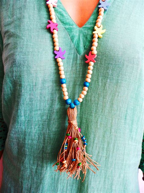 Boho Wooden Bead Necklace Beige And Blue Beads Pendants Of Etsy