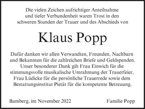 Klaus Popp Traueranzeige Trauer Infranken De