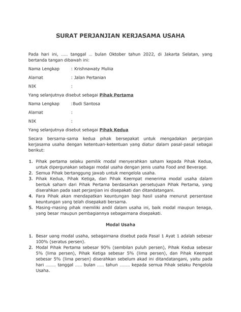 Surat Perjanjian Pemegang Saham Pt Surat Perjanjian Kerjasama Usaha