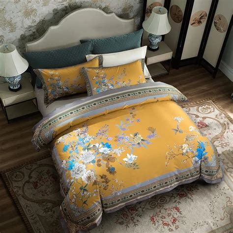 Posodono Luxury European Royal Yellow Duvet Covers 100 Pure Egyptian Cotton Flower Foral