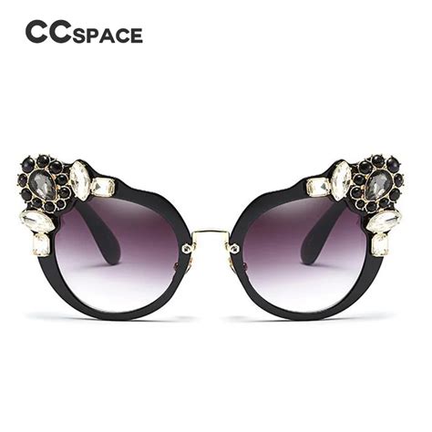 Ccspace Flower Rhinestones Sunglasses For Women Cat Eye Brand Designer Glasses Oversized Fashion