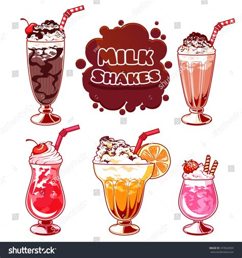 Set Of Different Milkshakes Chocolate Cherry Strawberry Vanilla And