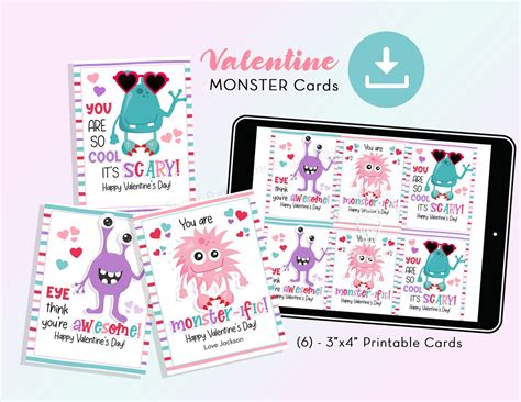 Printable MONSTER Valentine Cards, Classroom Valentine's Day Cards for Kids, Happy Valentine's ...