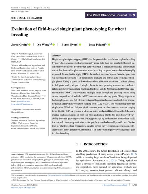 Pdf Evaluation Of Field‐based Single Plant Phenotyping For Wheat Breeding