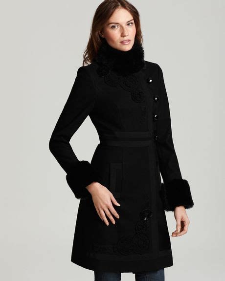 Plenty By Tracy Reese Quotation Wool Coat With Faux Fur Trim In Black