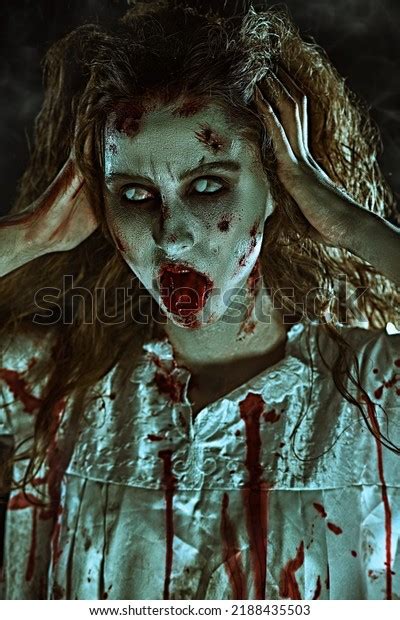 Portrait Bloodthirsty Zombie Woman Faded Eyes Stock Photo 2188435503