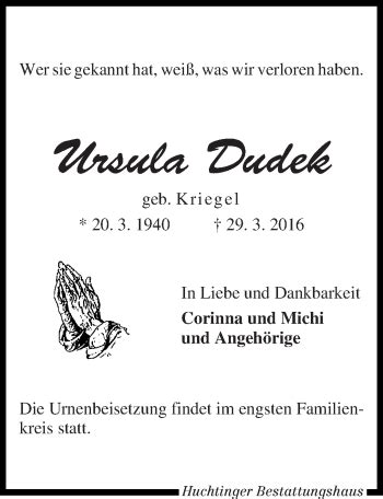 Traueranzeigen Von Ursula Dudek Trauer Gedenken