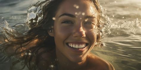 Una Mujer Bonita Y Sensual Nada En El Mar Exudando Sensualidad Su