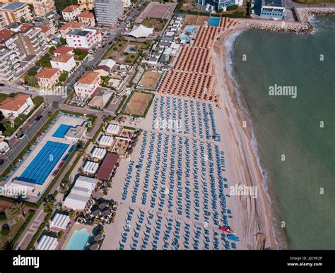 Italy, June 2022; aerial view of Fano with its sea, beaches, port, umbrellas Stock Photo - Alamy