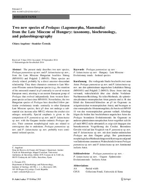 (PDF) Two new species of Prolagus (Lagomorpha, Mammalia) from the Late Miocene of Hungary ...