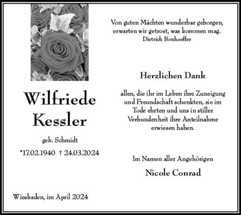 Traueranzeigen Von Wilfriede Kessler Vrm Trauer De