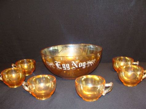 Vintage Beautiful Egg Nog Punch Bowl Set By Catherinefarrens 25 00 Carnival Glass Punch