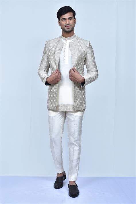 Buy Black Art Silk Embroidery Thread Prince Coat And Kurta Set For Men