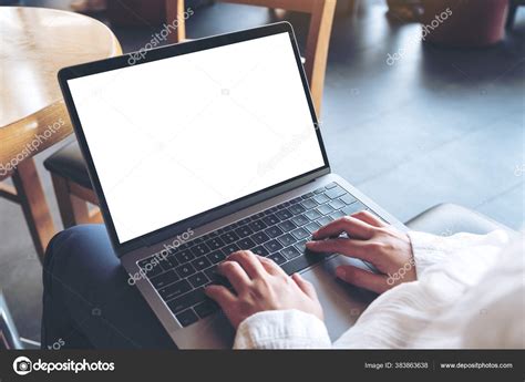 Mockup Image Woman S Hands Using Typing Laptop Blank White Desktop