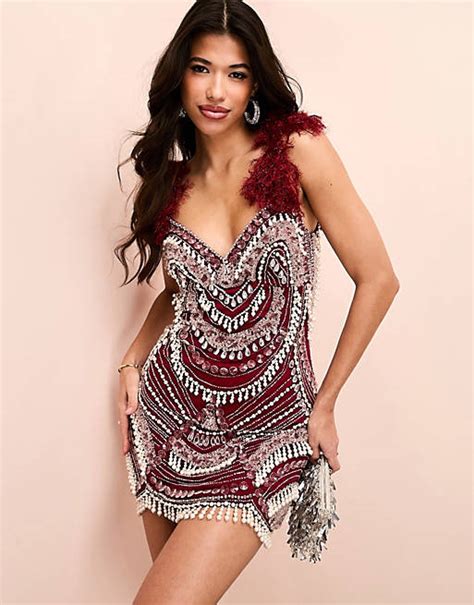 Asos Luxe Encrusted Mini Dress With Faux Pearl Embellishment And Faux Feather Straps In Burgundy