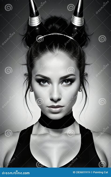 Portrait Of A Beautiful Girl With Horns On Her Head Fashion Shot Stock