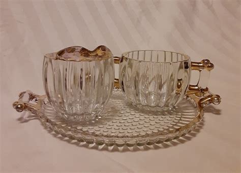 Vintage Glass Gold Trimmed Cream And Sugar Set With Tray Jeanette