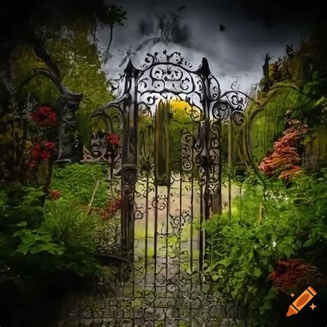 Spooky Iron Gates Leading To A Creepy Garden With Colorful Flowers And