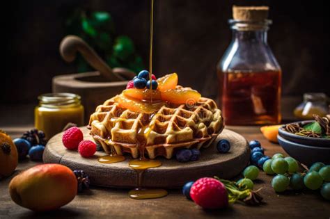 Honey Or Caramel Pouring From Jar On A Freshmade Waffles With