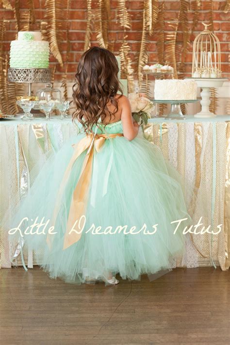 Adorable Flower Girl Dress Mint Green Gold