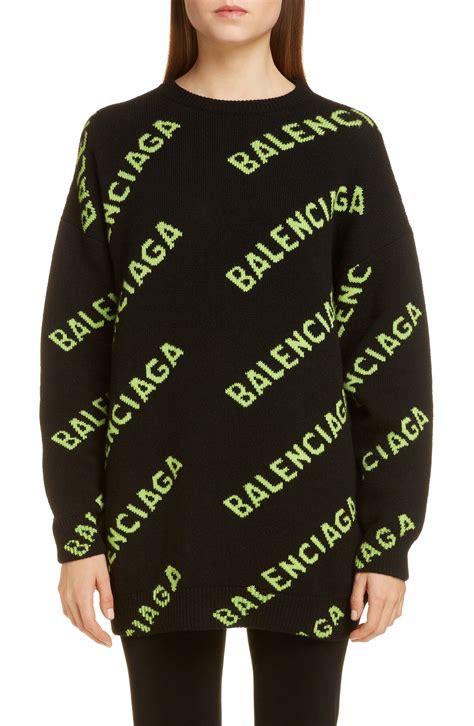 Balenciaga Oversize Logo Jacquard Wool Blend Sweater Black Acid