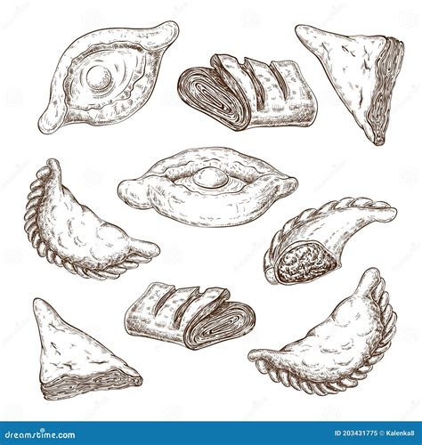 Drawn Puff Pastries Sketch Set Isolated Baking Pastries With Cheese