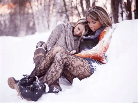 Sexy Babes Stocking Snow Winter Lesbian Art Huge Print Canvas Poster