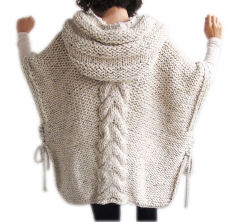 Plus Size Knitting Poncho With Hoodie Over Size Tweed Beige Cable Knit By Afra Ponchos