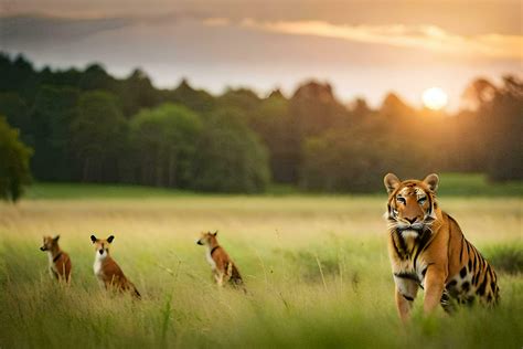 a tiger and two deer in the grass. AI-Generated 32369581 Stock Photo at ...