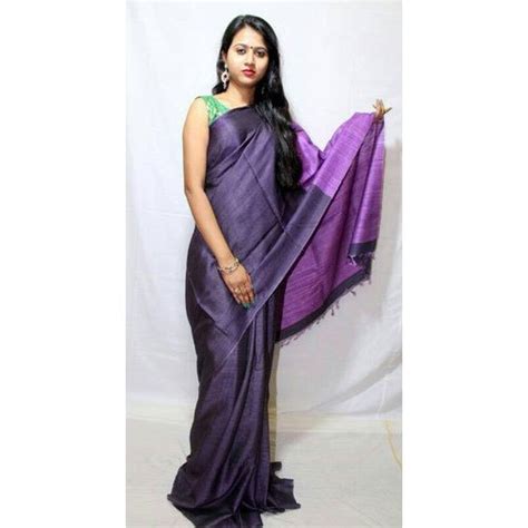 Festive Wear Plain Tussar Ghicha Pallu Silk Saree M With Blouse